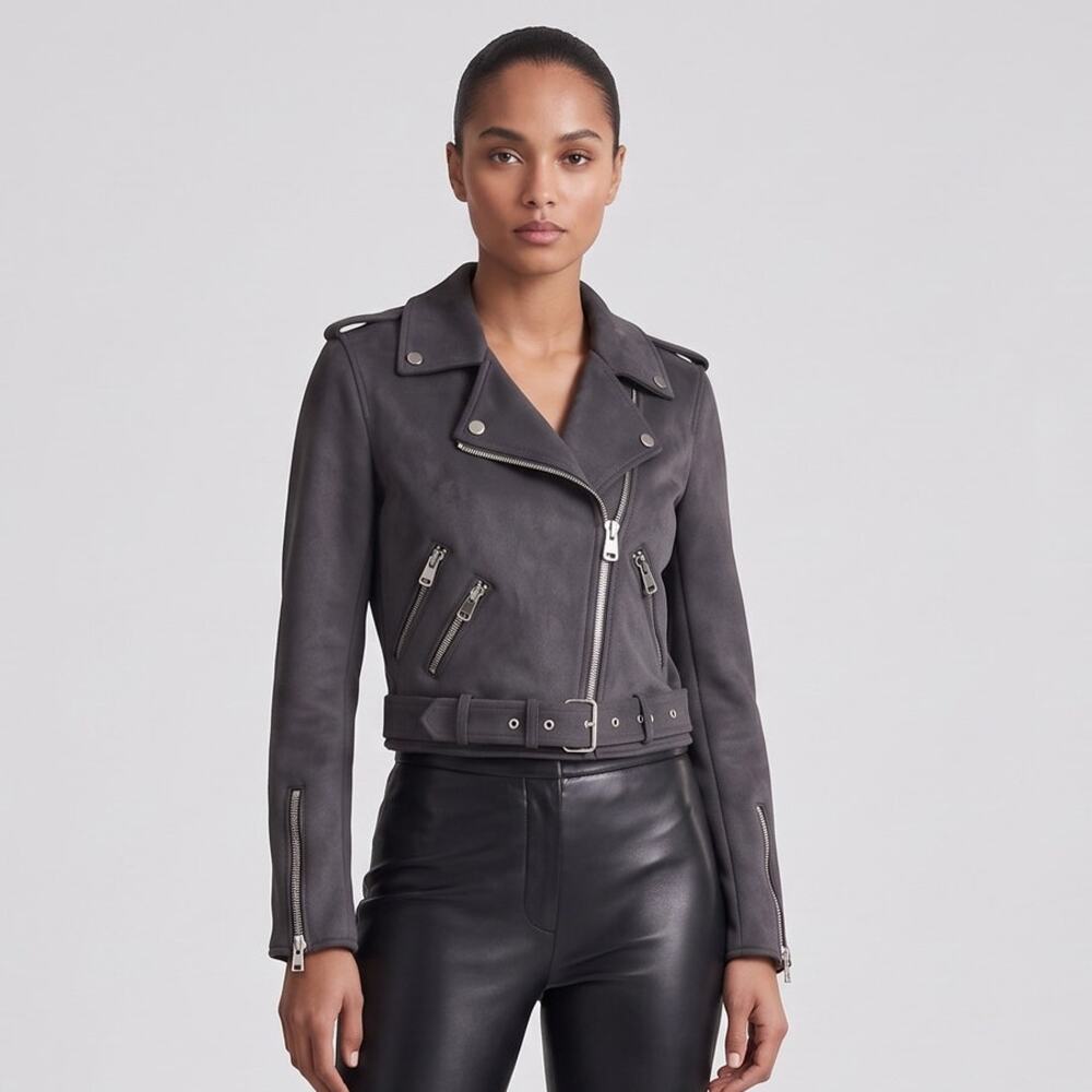Zara NWOT Gray Faux Suede Cropped Moto Biker Jacket Belted Size S